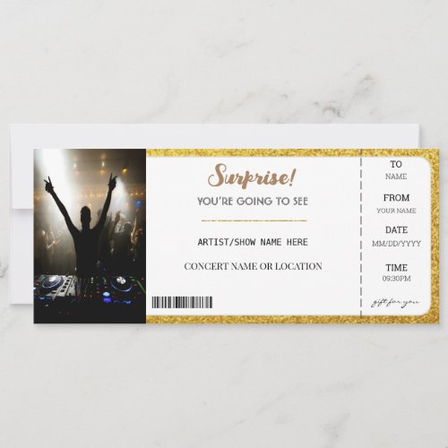 Surprise Concert Sparkle Gold Glitter Gift Ticket  Invitation