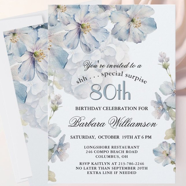 SURPRISE Elegant Blue Floral 80th Birthday  Invitation (Creator Uploaded)