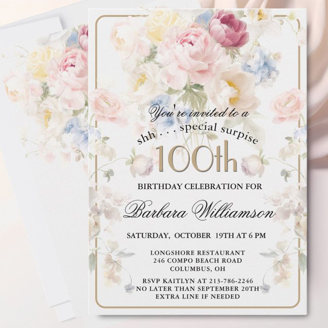 SURPRISE Elegant Painted Floral 100th Birthday  Invitation (Creator Uploaded)