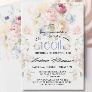 SURPRISE Elegant Painted Floral 100th Birthday Invitation