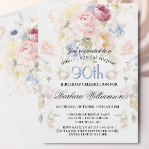 SURPRISE Elegant Painted Floral 90th Birthday Invitation