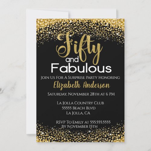 Surprise Fifty and Fabulous Black Gold Birthday In Invitation