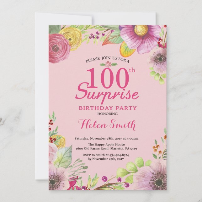 Surprise Floral 100th Birthday Invitation Women (Front)