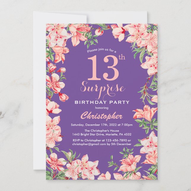 Surprise Floral 13th Birthday Pink Flowers Purple Invitation (Front)