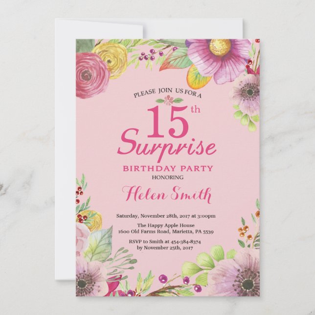 Surprise Floral 15th Birthday Invitation for Women (Front)