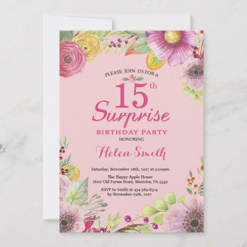Surprise Floral 15th Birthday Invitation for Women