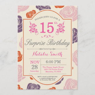 Surprise Floral 15th Birthday Invitation Pink Rose