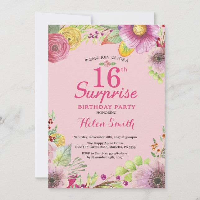 Surprise Floral 16th Birthday Invitation for Women (Front)