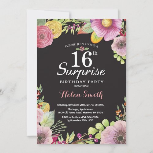 Surprise Floral 16th Birthday Invitation for Women