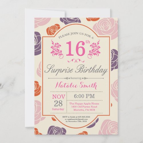Surprise Floral 16th Birthday Invitation Pink Rose