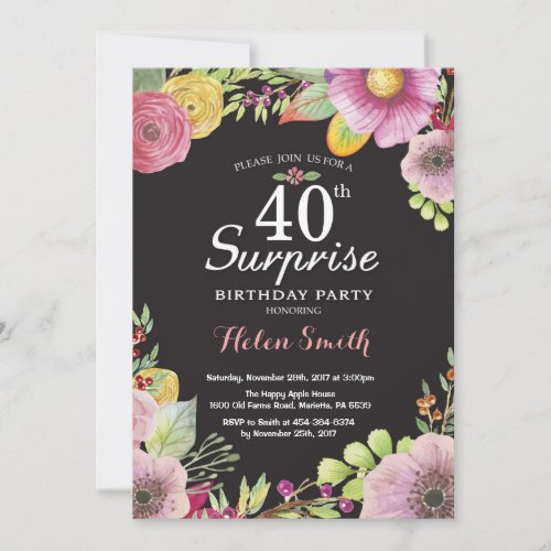 Surprise Floral 40th Birthday Invitation for Women
