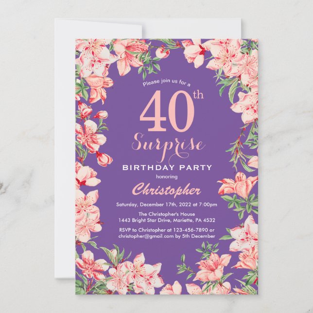Surprise Floral 40th Birthday Pink Flowers Purple Invitation (Front)