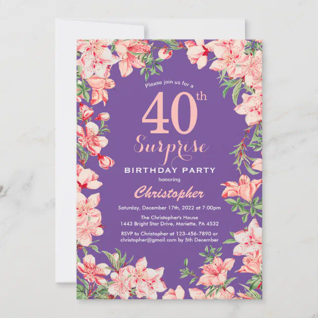 Surprise Floral 40th Birthday Pink Flowers Purple Invitation | Zazzle