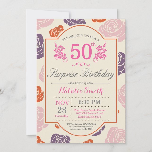 Surprise Floral 50th Birthday Invitation Pink Rose (Front)