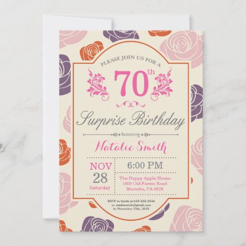 Surprise Floral 70th Birthday Invitation Pink Rose