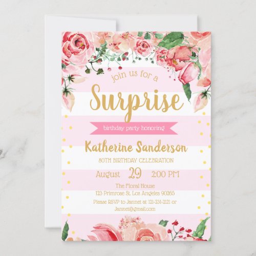 Surprise Floral Blush Pink Stripes Birthday Party Invitation