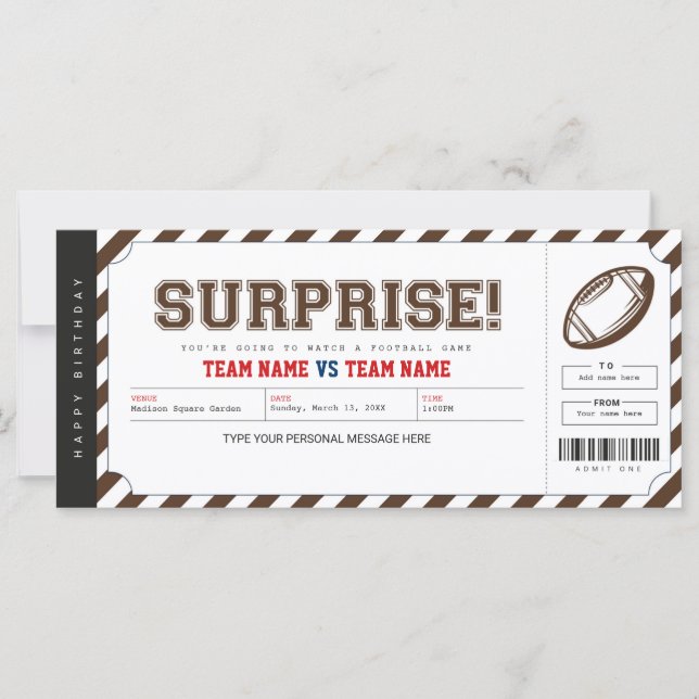 Surprise Football Game Stadium Gift Ticket (Front)