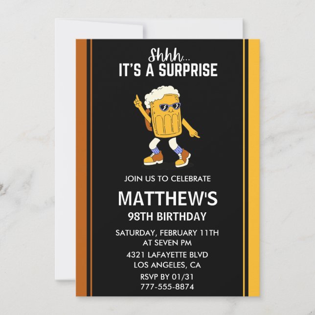 Surprise Funny Beer Men 98th birthday invitations (Front)