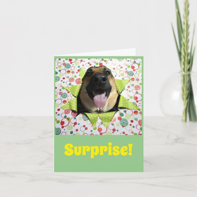 Surprise! German Shepherd Birthday Greeting Card (Front)
