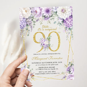 Surprise Gold 90th Birthday Dusty Purple Floral Acrylic Invitations