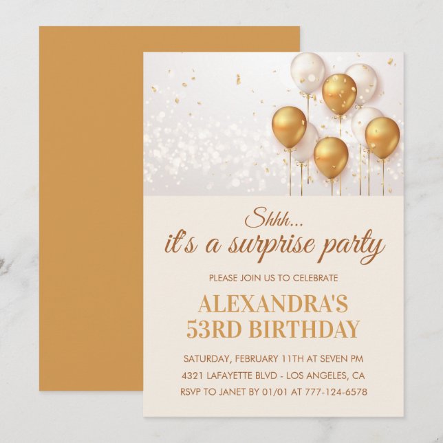 Surprise Gold Balloons 53rd birthday invitations  (Front/Back)