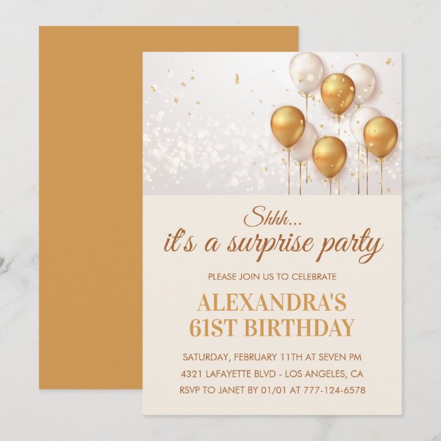Surprise Gold Balloons 61st birthday invitations  (Front/Back)