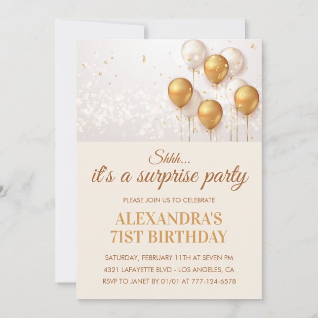 Surprise Gold Balloons 71st birthday Invitation (Front)