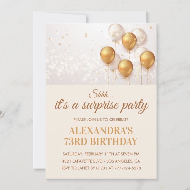 Surprise Gold Balloons 73rd birthday Invitation (Front)