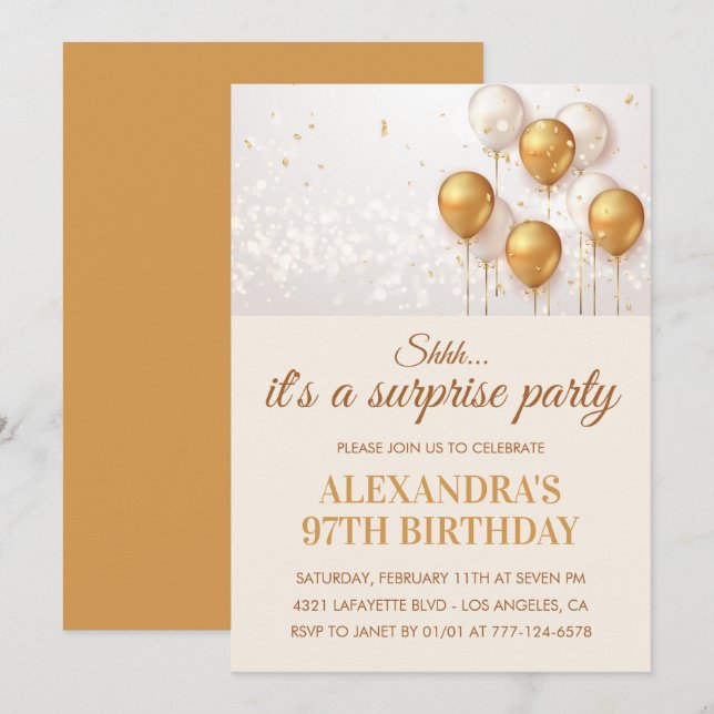 Surprise Gold Balloons 97th birthday Invitation (Front/Back)