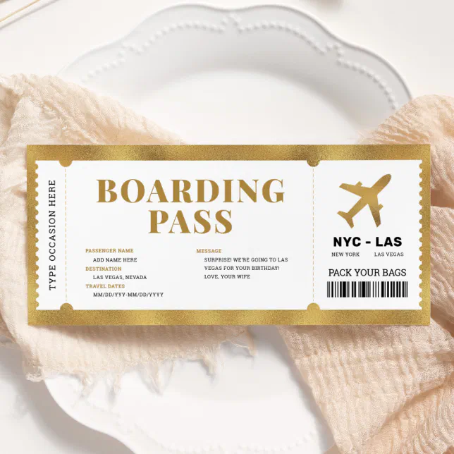 Surprise Gold Boarding Pass Plane Gift Ticket Invitation | Zazzle