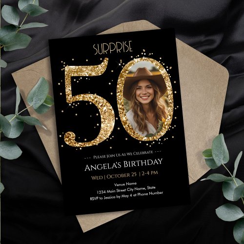 Surprise Gold Glitter 50th Birthday Photo Invitation