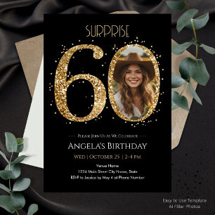 Surprise Gold Glitter 60th Birthday Photo Invitation