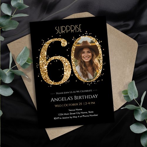 Surprise Gold Glitter 60th Birthday Photo Invitation