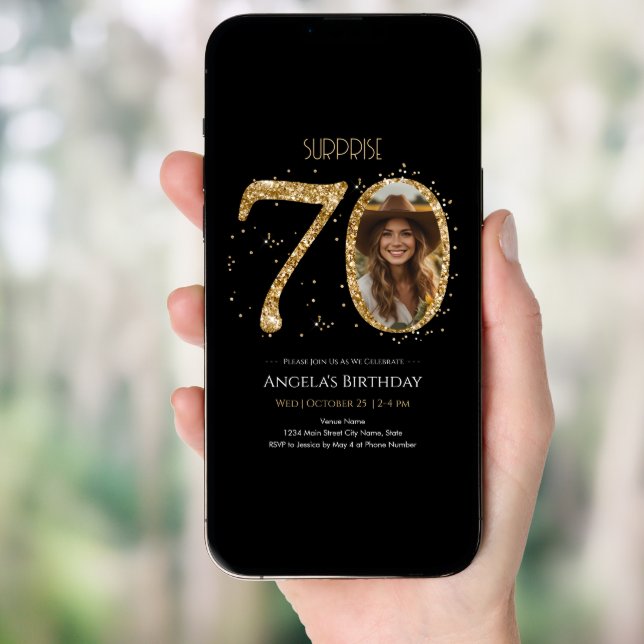Surprise Gold Glitter 70th Birthday Photo Invitation (Front Digital)