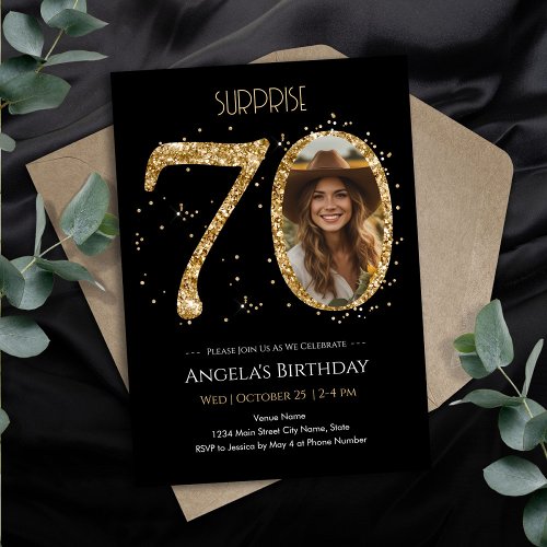 Surprise Gold Glitter 70th Birthday Photo