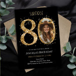 Surprise Gold Glitter 80th Birthday Photo Invitation<br><div class="desc">80th Birthday Gold Glitter Photo party template. Available as a digital download printable.
Custom,  personalized,  editable download. Filler photo made with AI. Not actual person. Add your own photo template.</div>