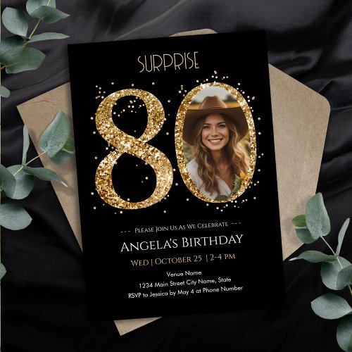 Surprise Gold Glitter 80th Birthday Photo