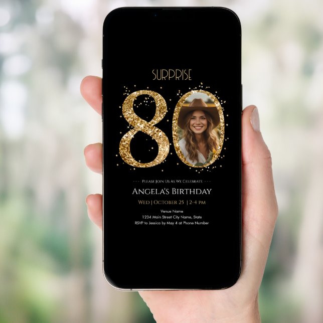 Surprise Gold Glitter 80th Birthday Photo Invitation (Front Digital)