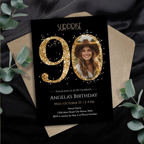 Surprise Gold Glitter 90th Birthday Photo Invitation