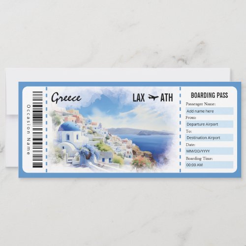 Surprise Greece Boarding Pass Gift Certificate Invitation