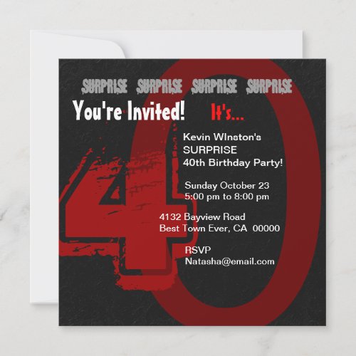 SURPRISE Grunge 40th Birthday Red and Black W203 Invitation