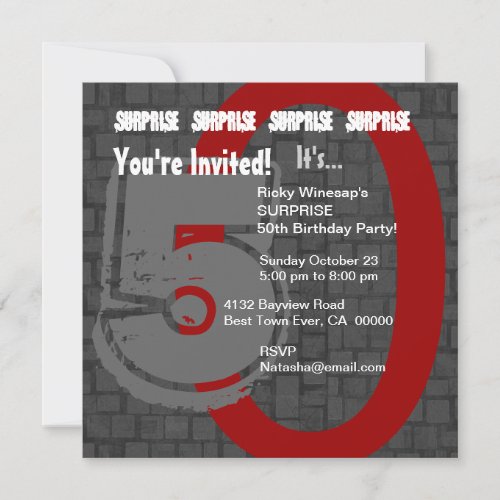 SURPRISE Grunge 50th Birthday Red and Black S300 Invitation