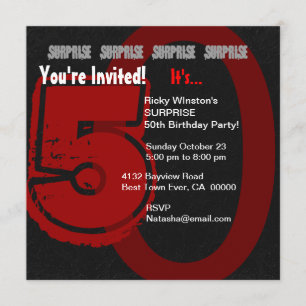SURPRISE Grunge 50th Birthday Red and Black W202 Invitation