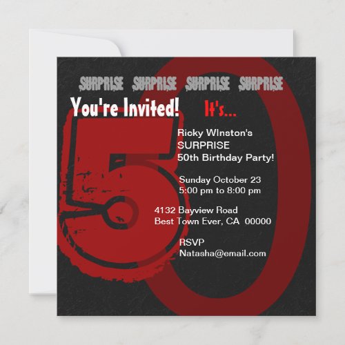 SURPRISE Grunge 50th Birthday Red and Black W202 Invitation