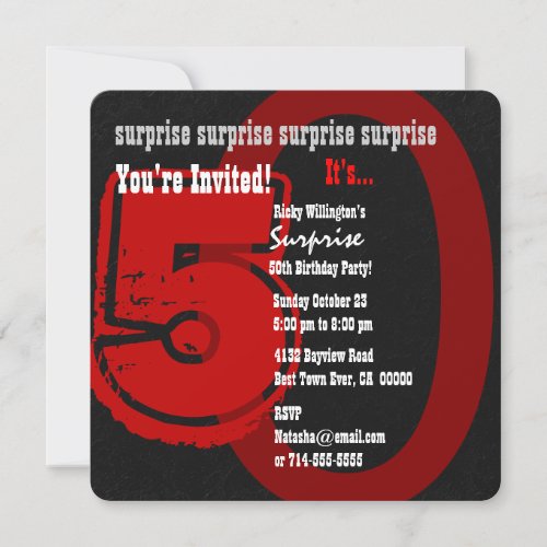 SURPRISE Grunge 50th Birthday Red and Black W202B Invitation