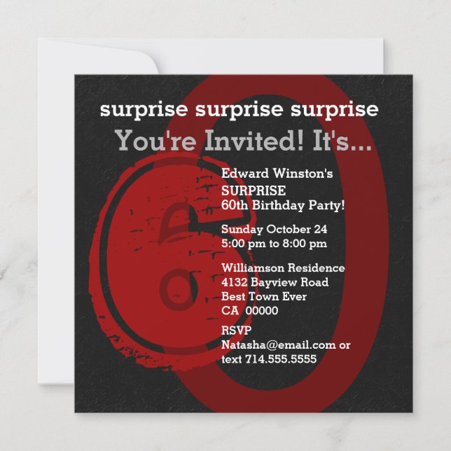 SURPRISE Grunge 60th Birthday Red and Black W202C3 Invitation (Front)