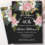 SURPRISE Handpainted Floral 40th Birthday Party  Invitation<br><div class="desc">Start this special SURPRISE 40th birthday celebration in a elegant style with this beautifully hand painted invitation with colorful yet gentle flowers -- leading with blush pink and greenery, yet adding interesting other touches of color striking against an all black background.. All of the text can be personalized for your...</div>