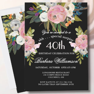 SURPRISE Handpainted Floral 40th Birthday Party  Invitation