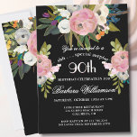 SURPRISE Handpainted Floral 90th Birthday Party  Invitation<br><div class="desc">Start this special SURPRISE 90th birthday celebration in a elegant style with this beautifully hand painted invitation with colorful yet gentle flowers -- leading with blush pink and greenery, yet adding interesting other touches of color striking against an all black background.. All of the text can be personalized for your...</div>