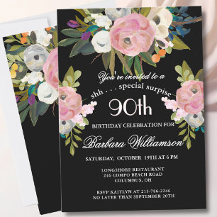 SURPRISE Handpainted Floral 90th Birthday Party Invitation